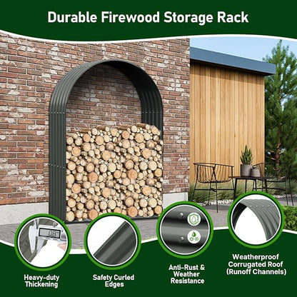 ANLEOLIFE Arch Tall Outdoor Firewood Rack with Corrugated Steel Roof | Alloy Steel Log Holder; 22-Gauge Powder-Coated Galvanized Panels; 18"D x 36"W x 54"H; Open-Sided Airflow; Round Crossbars