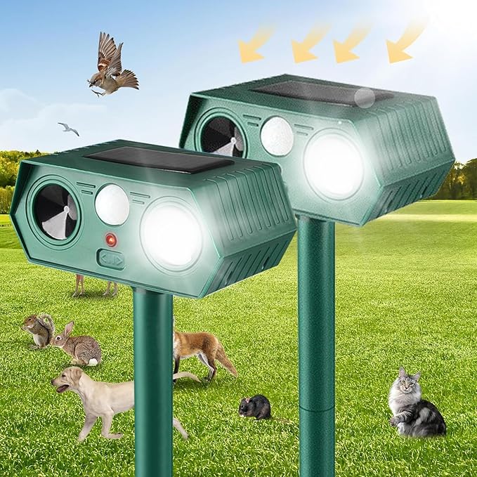 2025 Solar Animal Repellent,Upgraded Ultrasonic Cat Repellent Outdoor,Waterproof Deer Deterrent for Bird Dog Skunk,Squirrels Deterrent with Motion Detection Flash Lights for House B (2 Pack)