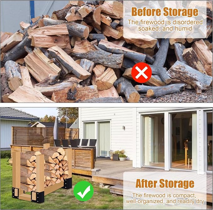 4 Pack Firewood Log Storage Rack Bracket,Indoor Outdoor Adjustable Heavy Duty Powder Coated Steel Holder,Fireplace Wood Storage, Log Holder