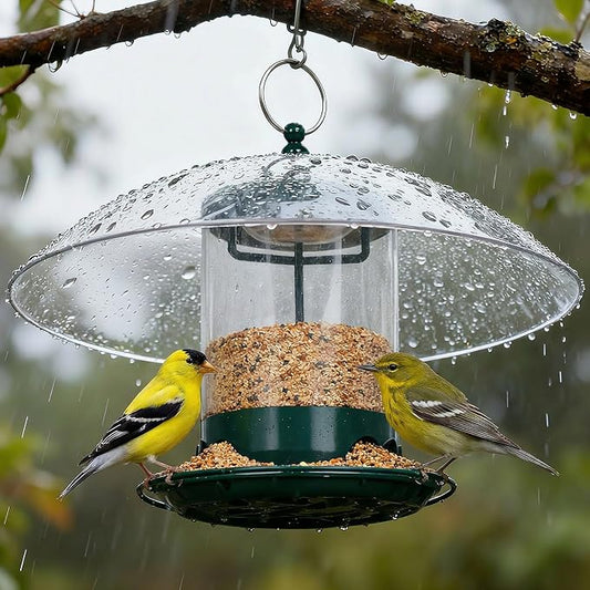Gbekery Metal Bird Feeder for Outdoor Hanging with 12” Weatherproof Dome, Weather Resistant Wild Bird Feeder with 360 Degree Feeding Tray, Green