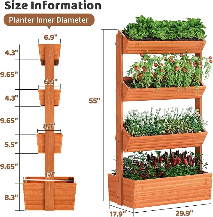 Wooden Raised Garden Bed Vertical Planter Box, Freestanding Plant Stand for Indoor Outdoor Plants, Herbs, Flowers, Vegetables, Gardening (Reddish Brown, 4-Tier，29.9 x 17.9 x 55in)