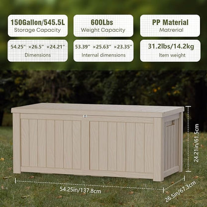Outdoor Storage Box, 150 Gallon Waterproof Deck Box, Piston-Assisted Resin Trunk for Sectional Sofa Cushions, High-Capacity Lockable Double Storage Bench, Patio Lounge, Grey
