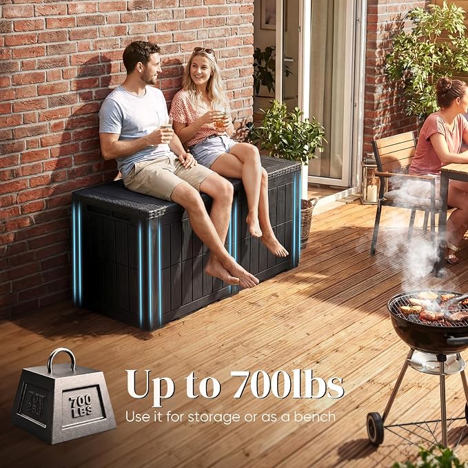 Quictent 100 Gallon Resin Deck Box, Outdoor Storage Bench, Weatherproof Waterproof, Heavy Duty UV Resistant, Lockable Container