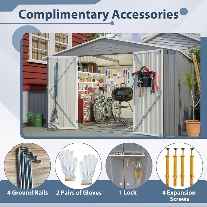 PVWIIK 10x8 FT Large Outdoor Metal Storage Shed, Heavy Duty Waterproof Steel Garden Tool Shed with Lockable Doors, Utility Storage Building for Backyard Patio Lawn Garden, Grey