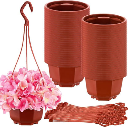 Roshtia 50 Pcs 5.9 inch Plastic Hanging Plant Pots with Hooks Flower Pots Baskets Outdoor Hanging Nursery Planter Holder for Home Garden Balcony Porch(Brown, 5.9 inch)