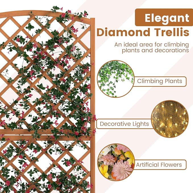 HAPPYGRILL Wooden Raised Garden Bed with Trellis, 63" Tall Planter Box with Trellis & Slat Bottom Base Vine Climbing Plants Flowers, Outdoor Freestanding Garden Box for Backyard Balcony (1)