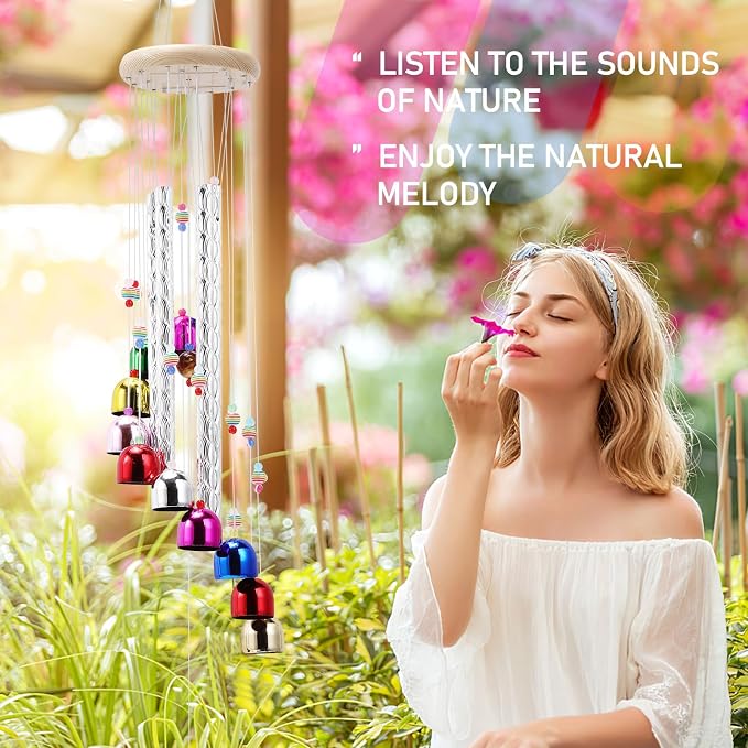 Pleasant Colorful Wind Chimes with 4 Aluminum Tubes 13 Bells with Soothing Sound for Patio Porch Backyard Decoration/Meditation/Yoga…