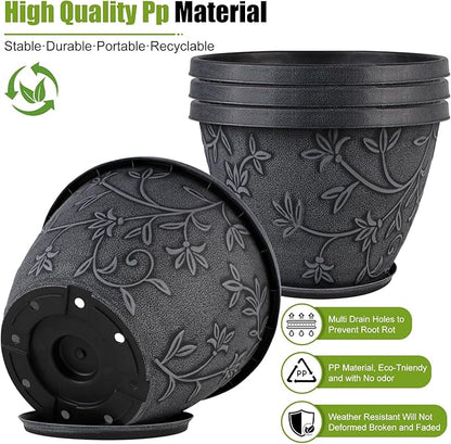Nooulap 4 Pack 10 Inch Flower Pots for Outdoor Indoor, Plastic Plant Pots with Drainage Hole & Saucer, Lightweight Small Resin Flower Pot, Outdoor Planters Imitation Magnolia for Garden House（Gray）
