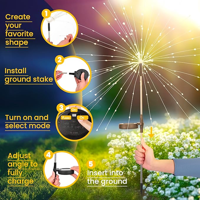 GIGALUMI Garden Decor Outdoor Lights 120LED 8Pack, Solar Garden Lights Outside Fairy Firework Decorative,Solar Powered for Yard Pathway Flowerbed Planter Balcony Patio, Gifts for mom (Warm White