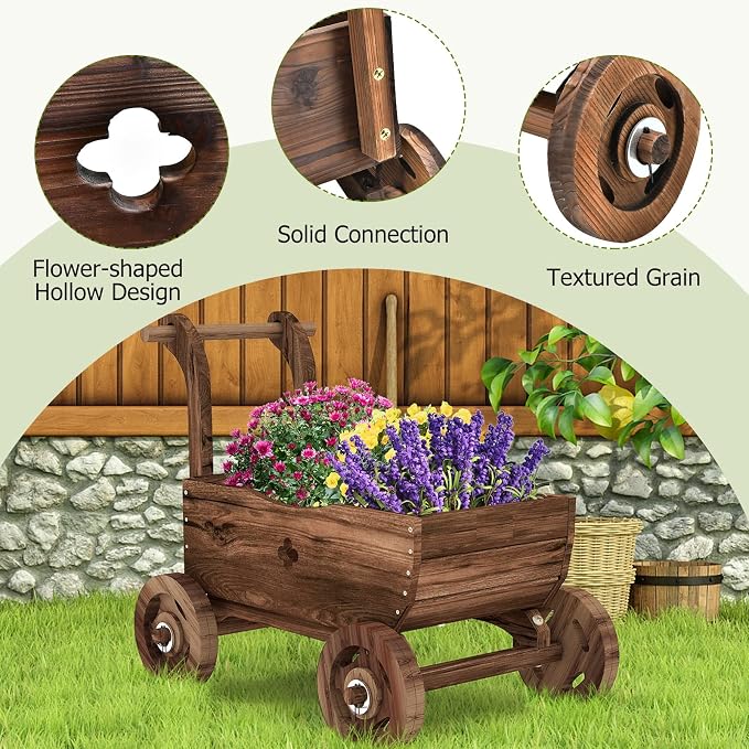 S AFSTAR Wooden Wagon Planter Box, Mobile Garden Planter with 4 Wheels, Handle, Drain Hole, Decorative Plant Wagon for Indoor & Outdoor Decor, Decorative Flower Cart for Patio, Garden, Balcony, Brown