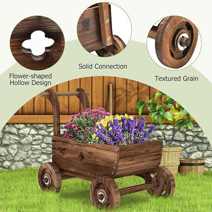 S AFSTAR Wooden Wagon Planter Box, Mobile Garden Planter with 4 Wheels, Handle, Drain Hole, Decorative Plant Wagon for Indoor & Outdoor Decor, Decorative Flower Cart for Patio, Garden, Balcony, Brown
