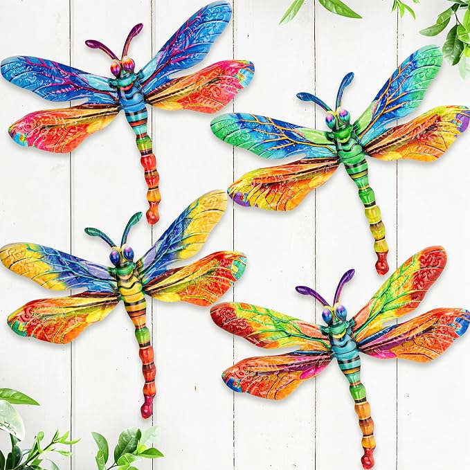 SUNREEK Metal Dragonfly Wall Decor - 9.6" Outdoor Fence Wall Art, Hanging Decorations for Garden Yard Patio Room Decorations, 4 Pack (Color- 4)