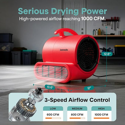 SereneLife Air Mover Blower Fan 1000 CFM – Powerful High Performance 3-Speed Fan for Floor & Carpet Drying, Portable Floor Fan w/Adjustable Tilt, Plug Multiple Units for Home Garage & Restoration Use