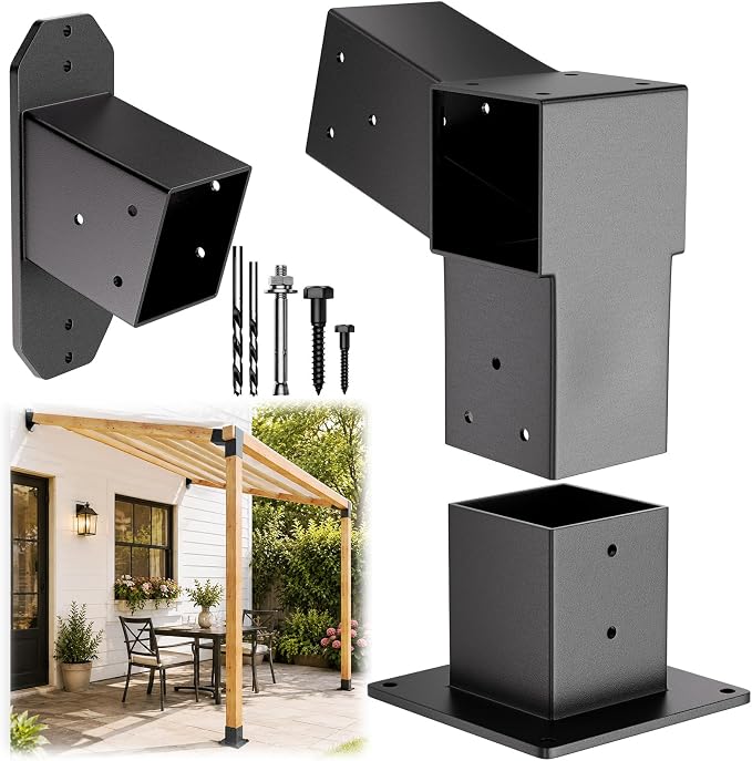 2 Pack Stainless Steel 15° Slanted roof pergola Bracket, firewood Sheds roof kit (3-Way End Corner), black