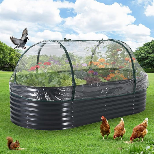 Garvee Galvanized Raised Garden Bed Large Oval Kit with Cover Zippered Screen Doors, Open Base Design, Thick Steel, Easy Assembly, Planter Box for Vegetables, Flowers (Grey, 8x4x2 ft)