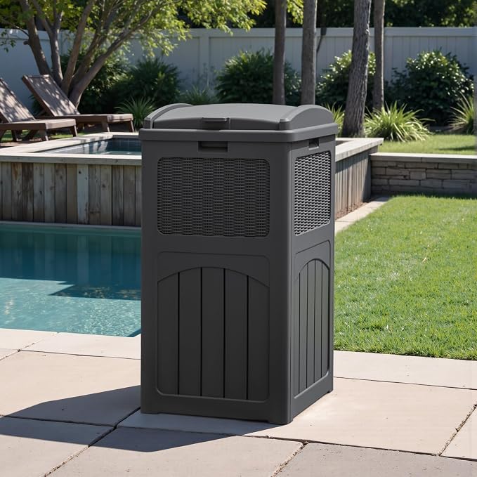 Greesum 33 Package Delivery Box for Outside, Patio Waterproof Resin Garbage Bin with Lid for Hideaway, Deck, Patio, Gray