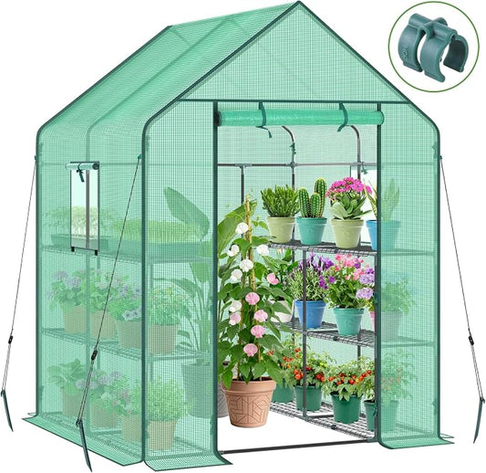 Ohuhu Greenhouse for Outdoors with Screen Windows, 57 x 57 x 76'' Walk in Plant Greenhouses Heavy Duty with Durable PE Cover, 3 Tiers 12 Shelves Stands Plastic Portable Green House with Shelf Clips