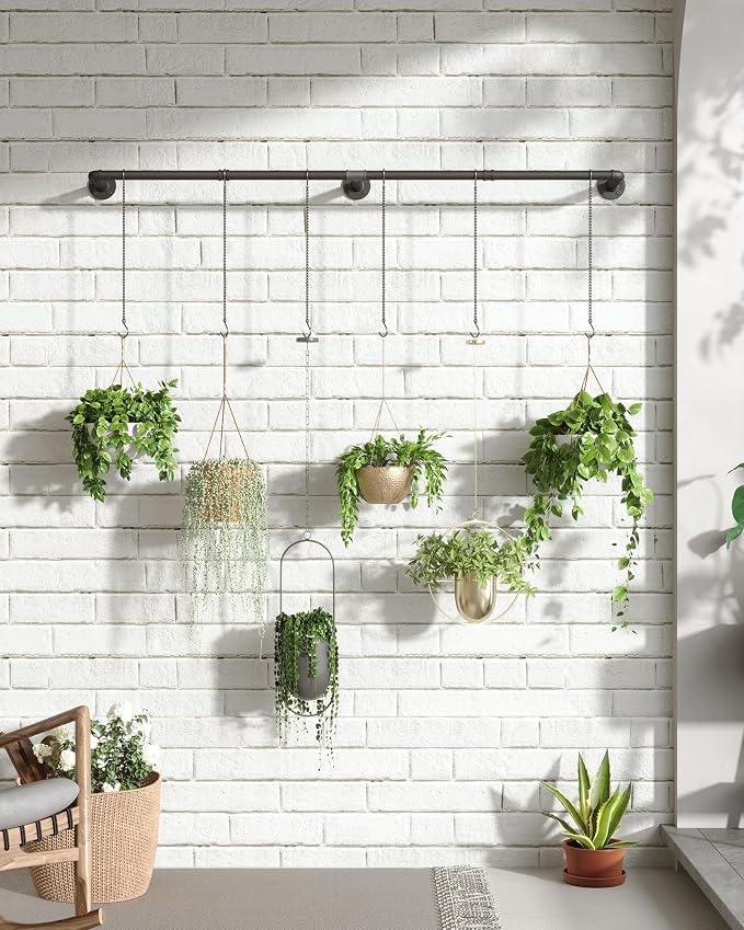 SOFITORG 65.7" Metal Plant Hanging Rod with 6 Chains, Pots Not Included | Wall Plant Hanging Bar, Durable Hanging planter holder for Window Ceiling, Easy Assembly, All Hardware Included, Black