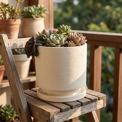 Nihow Ceramic Plant Pot with Resin Figure/Drainage Hole & Saucer,5.7 Inch | White, Cylinder Planters, Art Modem Design, Home Garden Patio Office