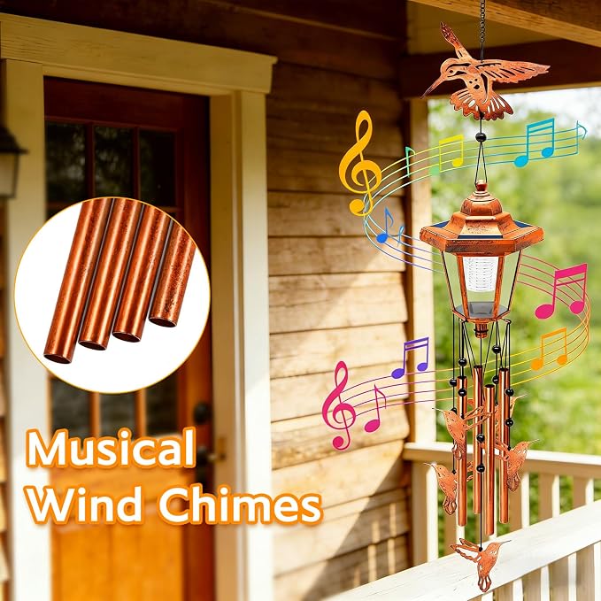 Hummingbird Solar Wind Chimes for Outside, Birthday Gifts for Mom Women Grandma Mother's Day Memorial, 34-Inch Windchimes with Wind Spinner, Outdoor Hanging Solar Lights Waterproof Yard Garden Decor