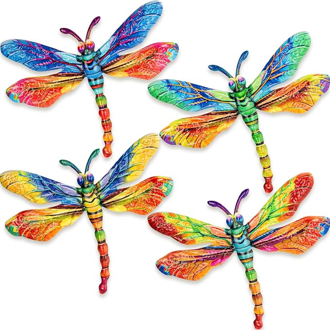 SUNREEK Metal Dragonfly Wall Decor - 9.6" Outdoor Fence Wall Art, Hanging Decorations for Garden Yard Patio Room Decorations, 4 Pack (Color- 4)