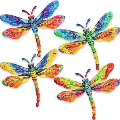 SUNREEK Metal Dragonfly Wall Decor - 9.6" Outdoor Fence Wall Art, Hanging Decorations for Garden Yard Patio Room Decorations, 4 Pack (Color- 4)