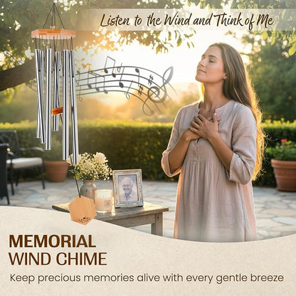 Silver Wind Chimes for Outside, 29 Inch Hand Tuned G Major Pentatonic Wind Chime, Memorial Sympathy Gift for Loss of Loved One, Deep Tone Aluminum Bamboo Garden Patio Porch Decor