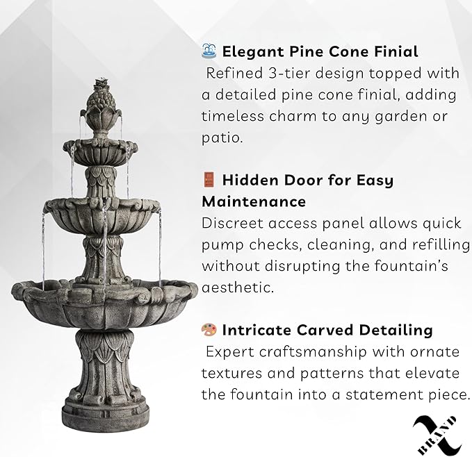 XBrand Large Outdoor Electric Bird Bath Fountain 58.3", 3-Tier Garden Water Fountain with Pump, Classic Leaf Design, Gray Resin Floor Fountain for Yard, Lawn, Patio & Porch
