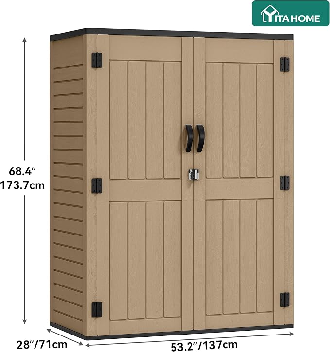 YITAHOME 59 Cuft Outdoor Tall Storage Shed, Waterproof Vertical Resin Shed for Garden, Garage, Patio, Lockable Tool Storage, No Shelves Included, Brown