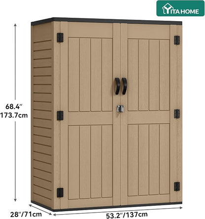 YITAHOME 59 Cuft Outdoor Tall Storage Shed, Waterproof Vertical Resin Shed for Garden, Garage, Patio, Lockable Tool Storage, No Shelves Included, Brown