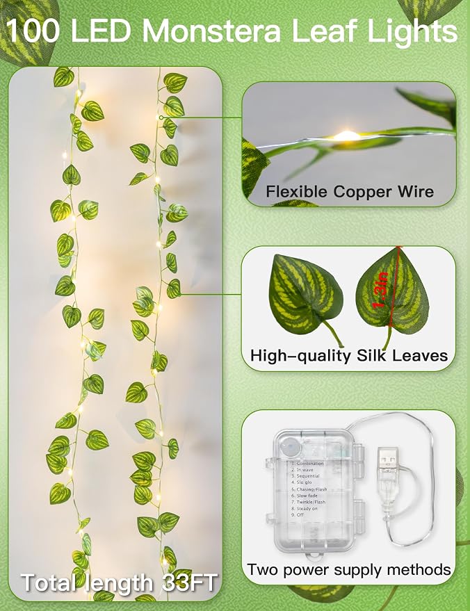 suddus Vines with Fairy Lights Battery & USB Powered Operated, 33ft 100 LED Watermelon Leaves String Lights with Remote, Artificial Plants for Indoor, Bedroom, Wedding, Wall, Party Decor(Warm White)
