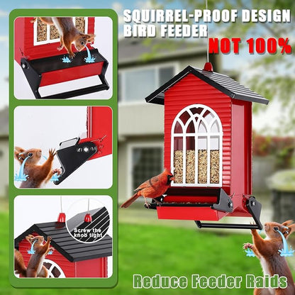 Gbekery Squirrel Proof Bird Feeder for Outdoors,5LB Large Capacity,Metal Wild Bird Seed Feeder with Bilateral Weight-Activated Perches for Outside Hanging,Finch,Cardinal,Blue Jay,Garden Decoration,Red