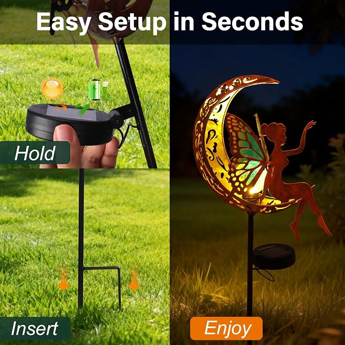 Solar Fairy Garden Light Outdoor Yard Decor Gifts for Women Mom Grandma | Solar Auto On/Off, IP65 Waterproof Rustproof, Easy Stake Install, Durable Metal Build, Cracked Glass Moonlight Glow