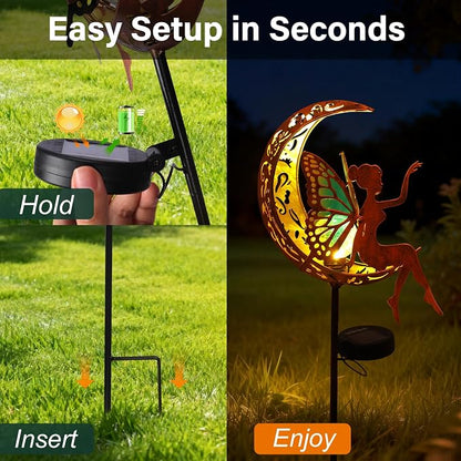 Solar Fairy Garden Light Outdoor Yard Decor Gifts for Women Mom Grandma | Solar Auto On/Off, IP65 Waterproof Rustproof, Easy Stake Install, Durable Metal Build, Cracked Glass Moonlight Glow