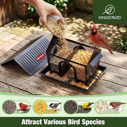 Kingsyard Wild Bird Feeder for Outdoors Hanging, All Metal | Dual-Use Mesh with 360° Feeding, Weatherproof Roof, 3 lb Seed Capacity, Garden Decor & Birding Gift, Black