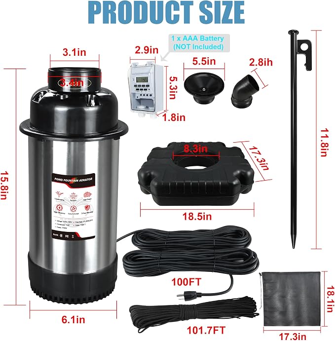 Goldlife Pond Fountain Aerator, F3 No Light, 1HP 750W 110V Stainless Steel Floating Fountain With 100 FT Power Cord, Black Octagon Aerating Fountain Pump for Small Large Ponds Lake Bay Fish farm