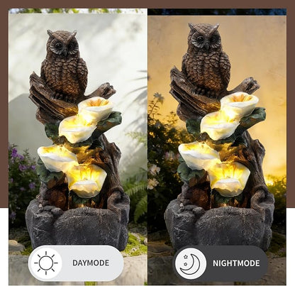28" Outdoor Water Fountain with Led Lights, 4-Tiered Owl & Calla Lil Water Fountain, Outdoor Garden Waterfall Decor for Garden, Patio, Courtyard