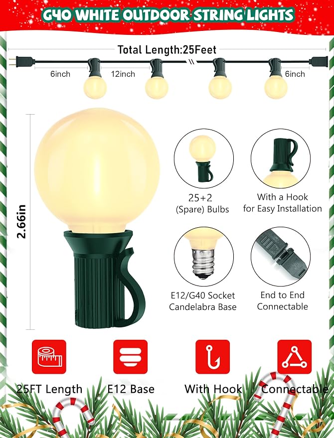 G40 LED Outdoor Christmas String Lights, 25FT Hanging Globe String Light | 25+2 Shatterproof Frosted White Lights, Connectable, Waterproof Patio Lights for Balcony Backyard Pergola Decor, Green Wire