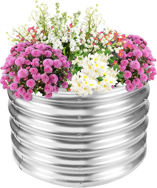 TBMLC 17" Tall Elevated Round Metal Rised Garden Bed- 2'x2' in Size and 0.8MM Thick Durable Planter Box for Vegetables Flowers Succulent at Patio/Garden Outdoor (Silver, 2FT Diameter)