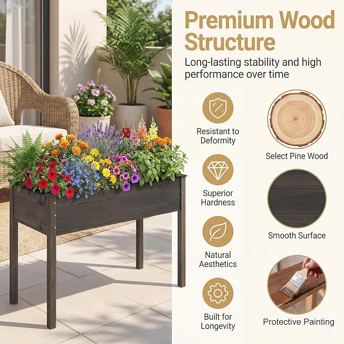 S AFSTAR Raised Garden Beds, 2 Pieces Elevated Wooden Planter Box, 47”L x 24”W x 30”H, Outdoor Gardening Planting Bed for Vegetables, Flowers & Herbs Grow, Great for Backyard, Patio, Lawn (Gray)