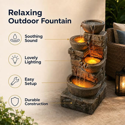 Teamson Home 33.27" Cascading Bowls & Stacked Stones LED Water Fountain for Outdoor Living Spaces, Brown | LED Lights, Cascading Bowls & Stacked Stones, Polyresin, For Patio, Garden, Balcony, Lawn, Yard