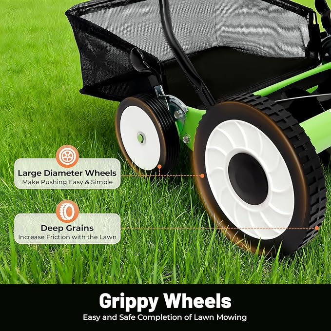 Manual Reel Lawn Mower, 16 Inch 5-Blade Cordless Push Mower with Adjustable Cutting Height and Grass Catcher for Yard, Garden