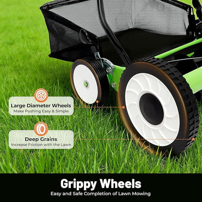 Manual Reel Lawn Mower, 16 Inch 5-Blade Cordless Push Mower with Adjustable Cutting Height and Grass Catcher for Yard, Garden