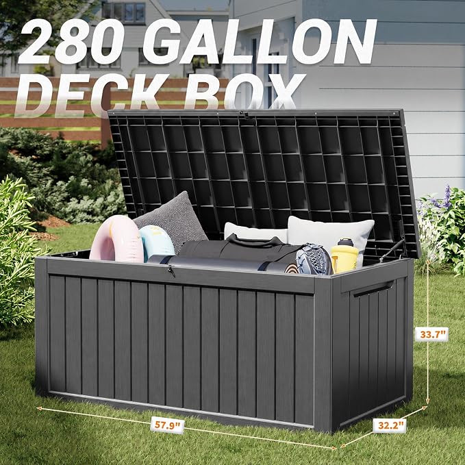 Outdoor Storage Box, 280 Gallon Resin Deck Boxes Outdoor Waterproof For Patio Furniture, Garden Tools, Pool Supplies, Lockable And UV Resistant (Striped Black)