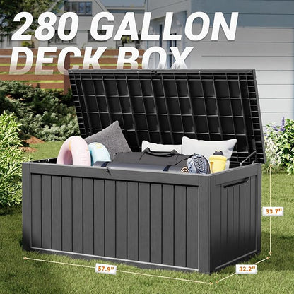 Outdoor Storage Box, 280 Gallon Resin Deck Boxes Outdoor Waterproof For Patio Furniture, Garden Tools, Pool Supplies, Lockable And UV Resistant (Striped Black)