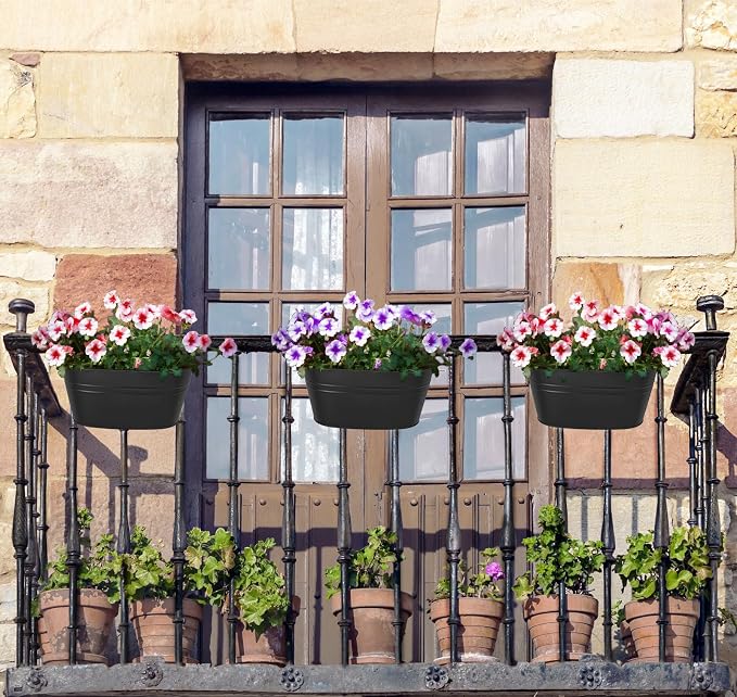 Dahey 3 Pcs 10.5 Inch Hanging Flower Pots for Railing Fence Metal Wall Planters for Indoor Plants Outdoor Countryside Window Flower Holder with Hooks Drainage Holes for Garden Yard Home Decor, Black