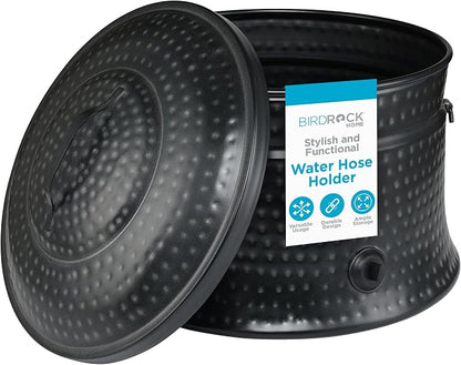 BIRDROCK HOME Decorative Water Hose Holder Pot with Lid | Holds 200ft Hose | Hammered Charcoal Exterior | Ground Garden Hose Box | Handles | Metal Hider | Outdoor or Indoor Use