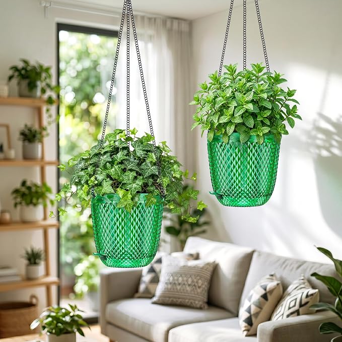QCQHDU 7.2 Inch 2 Pack Hanging Planters for Indoor Outdoor Plants,Self Watering Flower Pots Hanging Basket,Plastic Plant Hanger with Drainage Holes and 3 Hooks for Window Porch Garden Balcony, (Green)