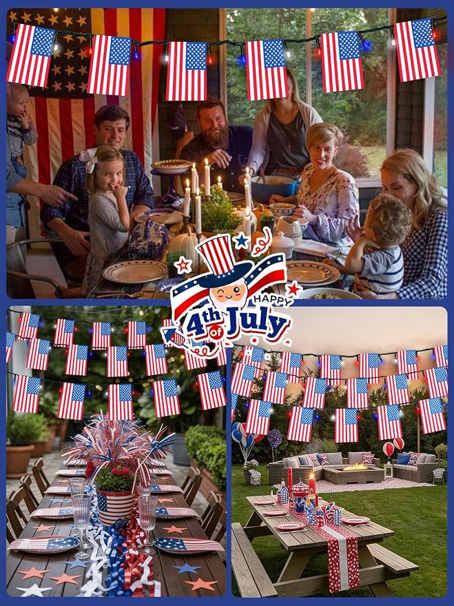 4th of July Decorations 50 LED Solar American Flag String Lights Outdoor | 25 USA Flags, 8 Modes, Memory Function, Auto On/Off, 18.8FT Waterproof Twinkle Lights for 250th Anniversary Patriotic Decor