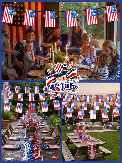4th of July Decorations 50 LED Solar American Flag String Lights Outdoor | 25 USA Flags, 8 Modes, Memory Function, Auto On/Off, 18.8FT Waterproof Twinkle Lights for 250th Anniversary Patriotic Decor